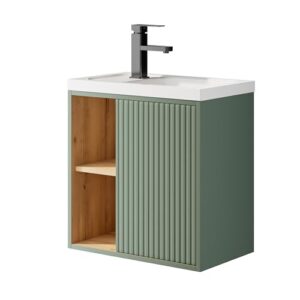 Badezimmer Waschtisch mit Unterschrank, hängend 50,5cm, Gäste-WC Waschtisch kleine, Waschbecken mit Wasserhahn, Badezimmermöbel Set grün
