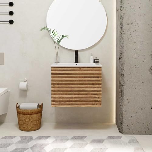 Modernes Badmöbel Set mit Waschtisch, Unterschrank und Wandwaschbecken in Naturdesign für Badezimmer