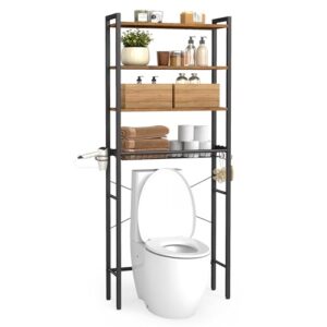 VASAGLE Toilettenregal, Badezimmerregal mit verstellbaren Ablagen und Gitterkorb, WC-Regal mit Föhnhalter, 3 Haken, platzsparend, 24 x 60 x 173 cm, vintagebraun BTS114KD01