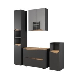 Vicco Badmöbel-Set Marelle, Anthrazit, 80 cm, besteht aus Waschbeckenunterschrank, Spiegelschrank, Hochschrank und Midischrank