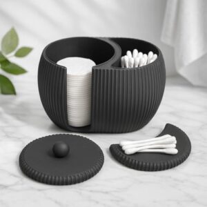 Praktischer Badezimmerschmuck mit Yin-Yang-Organizer für eine saubere Bad-Aufbewahrung von Wattepads und Wattestäbchen mit modernem 3D-Design und Deckel in schwarz