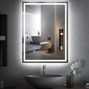 Badezimmerspiegel mit Beleuchtung, 80x60 cm groß, Touch-Schalter, Beschlagfrei und Dimmbar, 3 Lichtfarben, 3500K-6500K