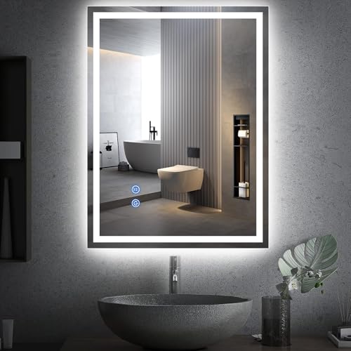 Badezimmerspiegel mit Beleuchtung, 80x60 cm groß, Touch-Schalter, Beschlagfrei und Dimmbar, 3 Lichtfarben, 3500K-6500K