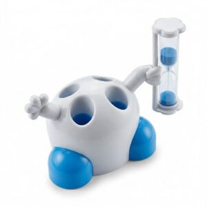 Zahnbürstenhalter für Kinder mit Sanduhr und Platz für 4 Zahnbürsten, weiß-blauer Kunststoff, Badezimmer Zubehör