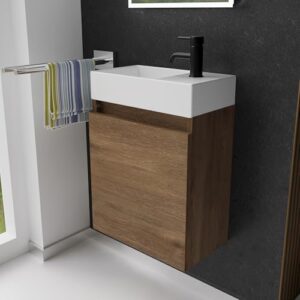 Moderne Waschtisch-Anlage mit Unterschrank 45 cm für kleine Bäder, kompaktes Design, einfaches Erscheinungsbild, Schließmechanismus Softclose, geeignet für Gäste-WC oder Badezimmer