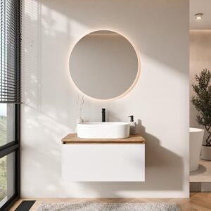 Badmöbel Set Waschtisch mit Unterschrank 80 cm Gold Eiche weiß mit NOVA Spiegel und Waschbecken 55 cm weiß für moderne Badezimmer