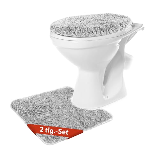 Badezimmeraccessoire, WC-Vorleger und Deckelbezug in hellgrau, weich und rutschhemmend, Badgarnitur für moderne Bäder