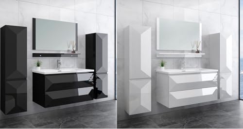 Moderner Komfort für dein Badezimmer: Badmöbel-Set Miran 90 cm in Hochglanz Schwarz mit keramischen Waschbecken, Soft-Close Unterschrank und 4 Seitenschränken