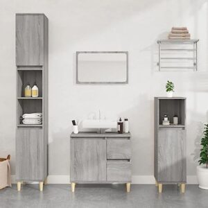 Drei Einzelteile aus hochwertigem Holzwerkstoff für ein stilvolles und praktisches Badezimmer: Badschrank mit Holzbeinen, Unterschrank und Hochschrank