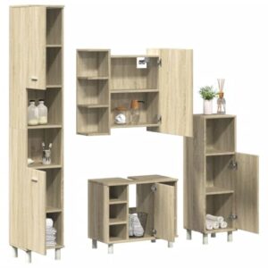 ChicAbode 4-TLG. Badmöbel-Set aus Sonoma Eiche Holzwerkstoff mit Betongrau Farbe, Badezimmerschrank, Unterschrank für das Bad, Spiegel mit Glas und zwei Regalen