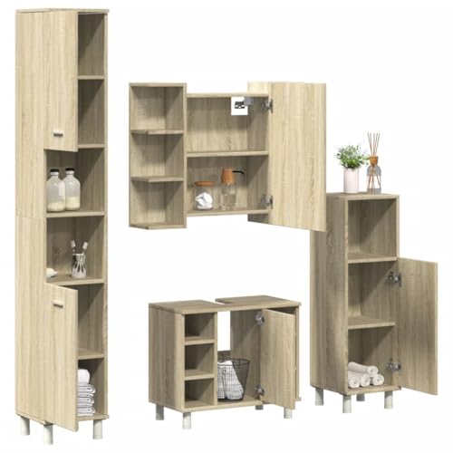 ChicAbode 4-TLG. Badmöbel-Set aus Sonoma Eiche Holzwerkstoff mit Betongrau Farbe, Badezimmerschrank, Unterschrank für das Bad, Spiegel mit Glas und zwei Regalen
