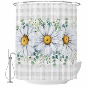 Duschvorhang mit Gänseblümchen-Motiv, Eukalyptusblätter und grauer Büffelkariert-Stoff, wasserdichter Badvorhang für Badezimmer und Badewanne, Dekoration und Wohnaccessoires