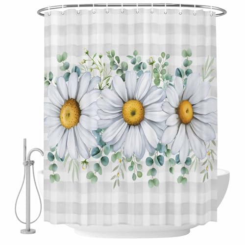 Duschvorhang mit Gänseblümchen-Motiv, Eukalyptusblätter und grauer Büffelkariert-Stoff, wasserdichter Badvorhang für Badezimmer und Badewanne, Dekoration und Wohnaccessoires