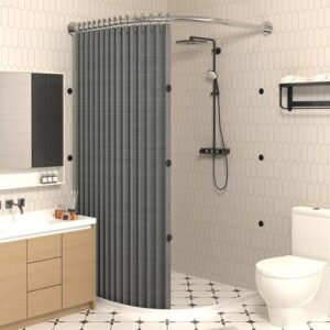 Gebogenes Duschvorhang-Set mit Duschvorhangstange und Wasserrückhaltestreifen, magnetischer Saugnapf und wasserdichtem Design für kleine Badezimmer