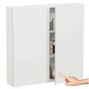 Hängender Badezimmerschrank mit Push-to-Open-Fronten, ideal für Chemie, Reinigungskraft und Haushaltsgegenstände in weißen Farben 78x80x17 cm.