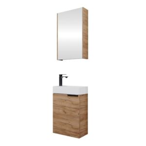 Badezimmer Badmöbel Set mit Waschtischunterschrank und Spiegelschrank in Gold Eiche Farbe für ein Gäste-WC oder Badezimmer