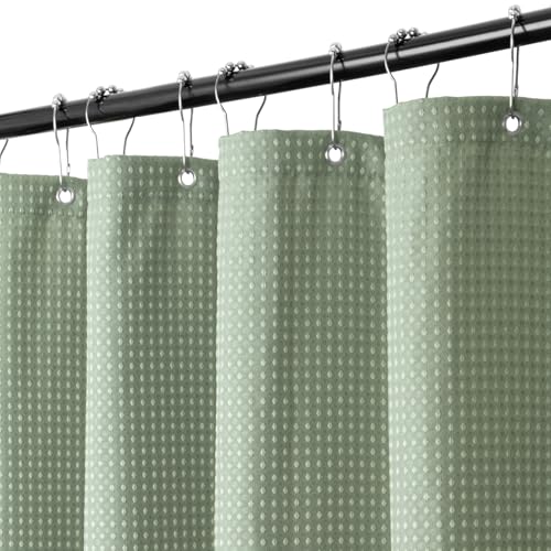 Waffel-Duschvorhang 180 x 200 cm, Anti-Schimmel-Duschvorhang-Set, wasserdichter Stoff-Badewannenvorhang mit 12 Edelstahlhaken für Dusche und Badewanne, Salbeigrün