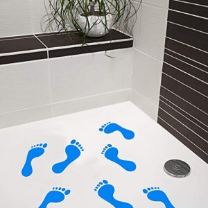 Blauer Fußabdruck auf einem Duschboden, ein sicherer und hygienischer Anti-Rutsch Aufkleber für Badezimmer.