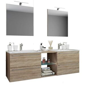 Badmöbel-Set mit 2 Waschbecken, 2 Spiegeln und 1 Mittelfach - Keramik-Waschbecken für großes Badezimmer