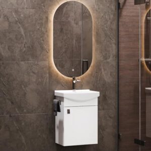 Badmöbel Set mit Waschtisch und Unterschrank in Weiß, Spiegel mit Beleuchtung für Badezimmer und Gäste WC