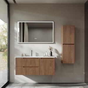 BRIDGE BENO 100 cm Hängeschrank mit Mineralharzspüle, 2 Schubladen und Tür, ultradünn, Soft-Close, geripptes Design, geeignet für große Badezimmer, Forest Walnut, moderner Badutensilien-Holz-Schränk