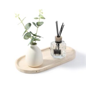 Natürlicher Marmor Tablett, Oval Marble Tray Kosmetiktabletts, Travertinstein für Wohnzimmer Schlafzimmer Bad Waschtische und Küchen, Dekotablett für Kerzen, Hellbeige