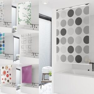 Verschiedene Duschrollen in verschiedenen Farben und Mustern, inklusive Schwarz, Grün, Weiß, Transparent, Blau und Hellgrau, für ein modernes und umweltfreundliches Badezimmerdesign.