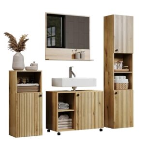 Badezimmer Komplettset mit Hochschrank, Spiegel und Standschrank aus Eichenholz mit Rillenoptik für ein modernes Bad