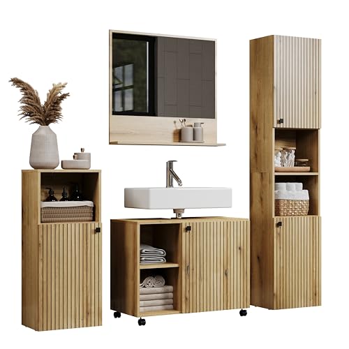 Badezimmer Komplettset mit Hochschrank, Spiegel und Standschrank aus Eichenholz mit Rillenoptik für ein modernes Bad