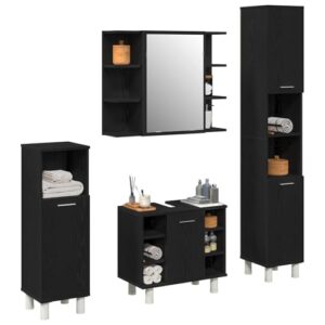Moderne Badezimmermöbel in Schwarz mit Eichenholz, 4-teiliges Set mit Spiegel und Stauraum für den Innenbereich, moderner Waschtisch mit schlankem Design