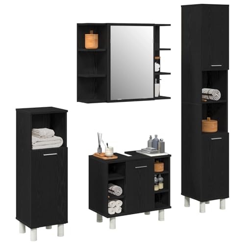 Moderne Badezimmermöbel in Schwarz mit Eichenholz, 4-teiliges Set mit Spiegel und Stauraum für den Innenbereich, moderner Waschtisch mit schlankem Design