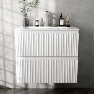 Moderne Badmöbel Set mit Waschtisch und Keramikwaschbecken, Weiß, Badezimmer Einrichtung, Rillendesign, Schubladen mit Unterteilung
