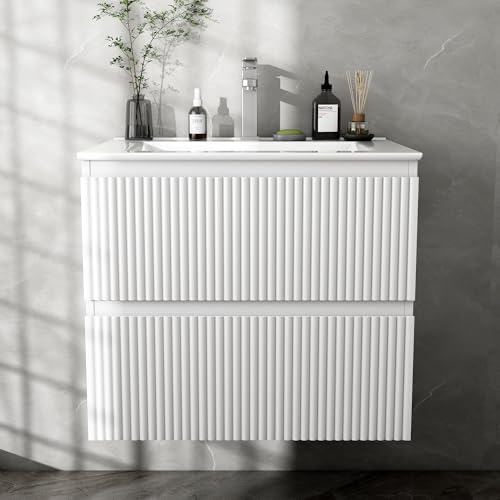 Moderne Badmöbel Set mit Waschtisch und Keramikwaschbecken, Weiß, Badezimmer Einrichtung, Rillendesign, Schubladen mit Unterteilung