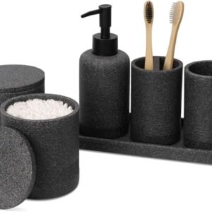 Badezimmer Set mit Zahnbürstenhalter, Seifenspender und Schale für Kosmetik - moderner und eleganter Deko-Stil in Marmor-Optik, schwarz