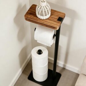 Toilettenpapierhalter mit Ablage, stabiler Ständer für 4 Klopapierrollen ohne Bohren, schwarze Farbe, metallisch-holzoptische Ausführung