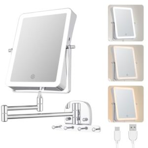 Wiederaufladbarer Kosmetikspiegel mit LED-Beleuchtetung, 1X/7X Spiegelvergrößerung, Wandmontage, dimmbarer Rasierspiegel in 3 Farben, Touchscreen, 360° Drehbar für Badezimmer und Hotel