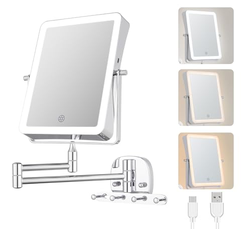 Wiederaufladbarer Kosmetikspiegel mit LED-Beleuchtetung, 1X/7X Spiegelvergrößerung, Wandmontage, dimmbarer Rasierspiegel in 3 Farben, Touchscreen, 360° Drehbar für Badezimmer und Hotel