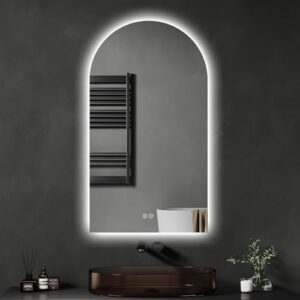 Badspiegel mit Beleuchtung, 60x100 cm, Gewölbter LED-Spiegel für Badezimmer, Beschlagfrei, Touch-Schalter, Dimmbar, 3 Lichtfarben, Entfoggen Led-Spiegel-Bad