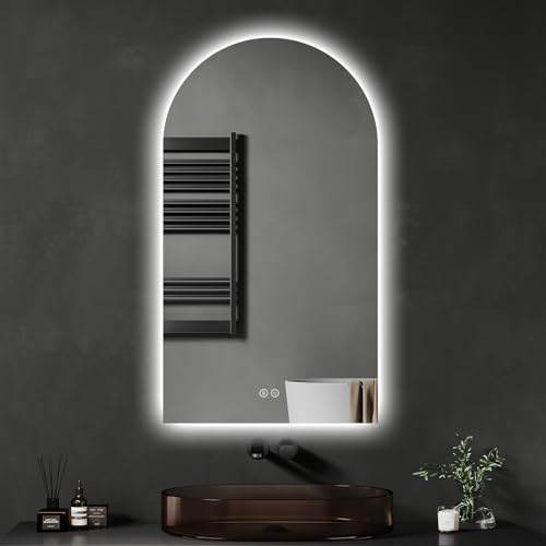 Badspiegel mit Beleuchtung, 60x100 cm, Gewölbter LED-Spiegel für Badezimmer, Beschlagfrei, Touch-Schalter, Dimmbar, 3 Lichtfarben, Entfoggen Led-Spiegel-Bad