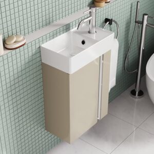 Badezimmer Schrank mit Waschbecken, 40 cm groß, kleiner Schrank für Gäste WC, Platzsparend, Taupe Glanz, kompakter Waschtisch mit Stauraum