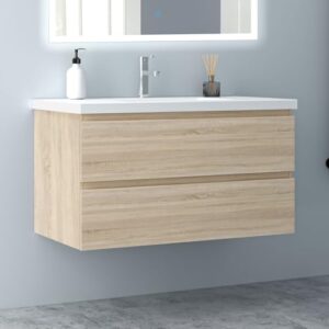 Badezimmermöbel Set aus Mineralguss, Waschtisch mit Unterschrank und Soft-Close Schubladen, Eiche Matt