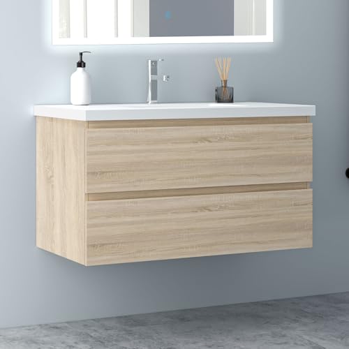 Badezimmermöbel Set aus Mineralguss, Waschtisch mit Unterschrank und Soft-Close Schubladen, Eiche Matt