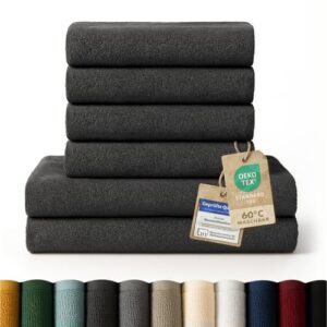 4-teiliges Frottier Handtuch Set aus 100% Baumwolle, Oeko-TEX zertifiziert, saugstark und trocknen schnell, Anthrazit Farbe