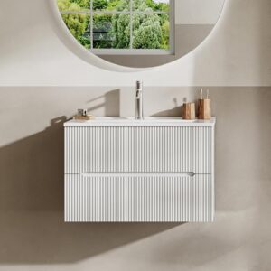 Eleganter Wandschrank mit Keramikwaschbecken und Soft-Close-Funktion für kleine Badezimmer oder Gäste-WCs. Weiß matt gefärbt.