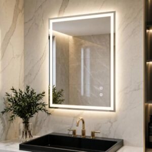 Badezimmer-Spiegel mit LED-Beleuchtung, 3 Lichtfarben und dimmbar, Touch-Schalter, gehärtetes Glas, Badezimmerspiegel mit Lichtfunktion