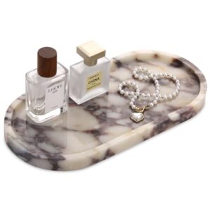 Dekotablett aus Naturmarmor für Badezimmer, Oval-Form, Kosmetiktabletts, Schminktisch, Schmuck, Gewebe, Kerzen und Handtuch, Pflanze auf Calacatta Viola Muster, 30 x 15 x 2 cm