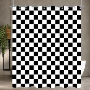 Duschvorhang mit schwarzen geometrischen Quadraten, wasserabweisend und antibakteriell, ideal für Badezimmer und Badewanne