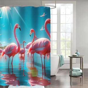 Praktischer und stiler Duschvorhang für dein Badezimmer aus 100% Polyester mit Flamingo-Tropischen Blattern