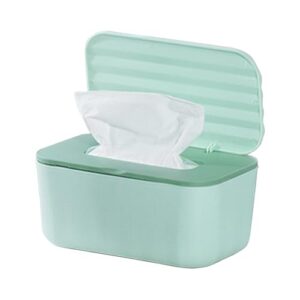 Grafik einer grünen Feuchttücher Box mit Deckel und Tissue-Spender. Die Box dient zur Aufbewahrung von Feuchttüchern und Kosmetiktüchern.