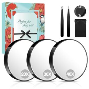 Vergrößerungsspiegel-Set mit 20X, 30X und 40X Schminkspiegel, Saugnapf, Pinzetten und Aufbewahrungstasche